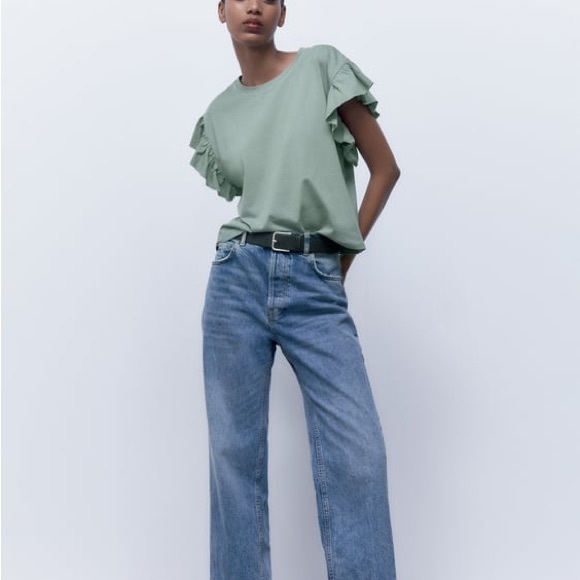 Zara Tops - Zara Teal Sage Green Tee Shirt with Shoulder Ruffles NWT